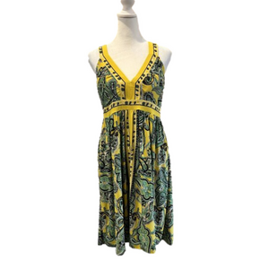 INC Cross Strap Midi dress, V-neck, sleeveless , Blk, Yellow/ Green, size Med